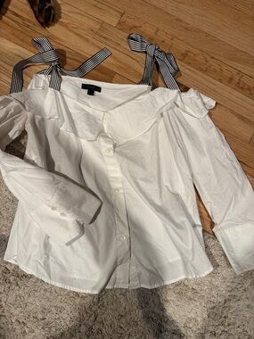 J. Crew White Off-Shoulder Button-Front Top with Striped Tie Straps